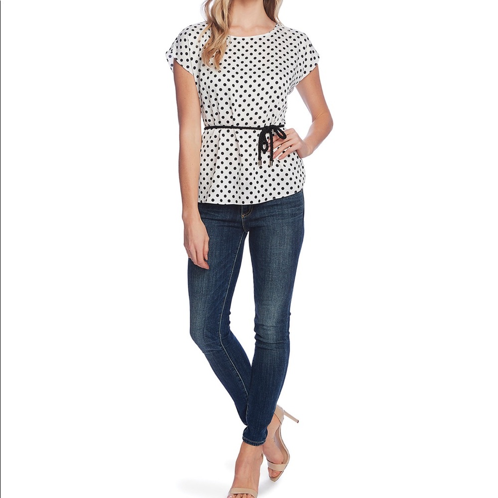Vince Camuto Ruffle Sleeve Belted Dot Blouse - Picture 3 of 8